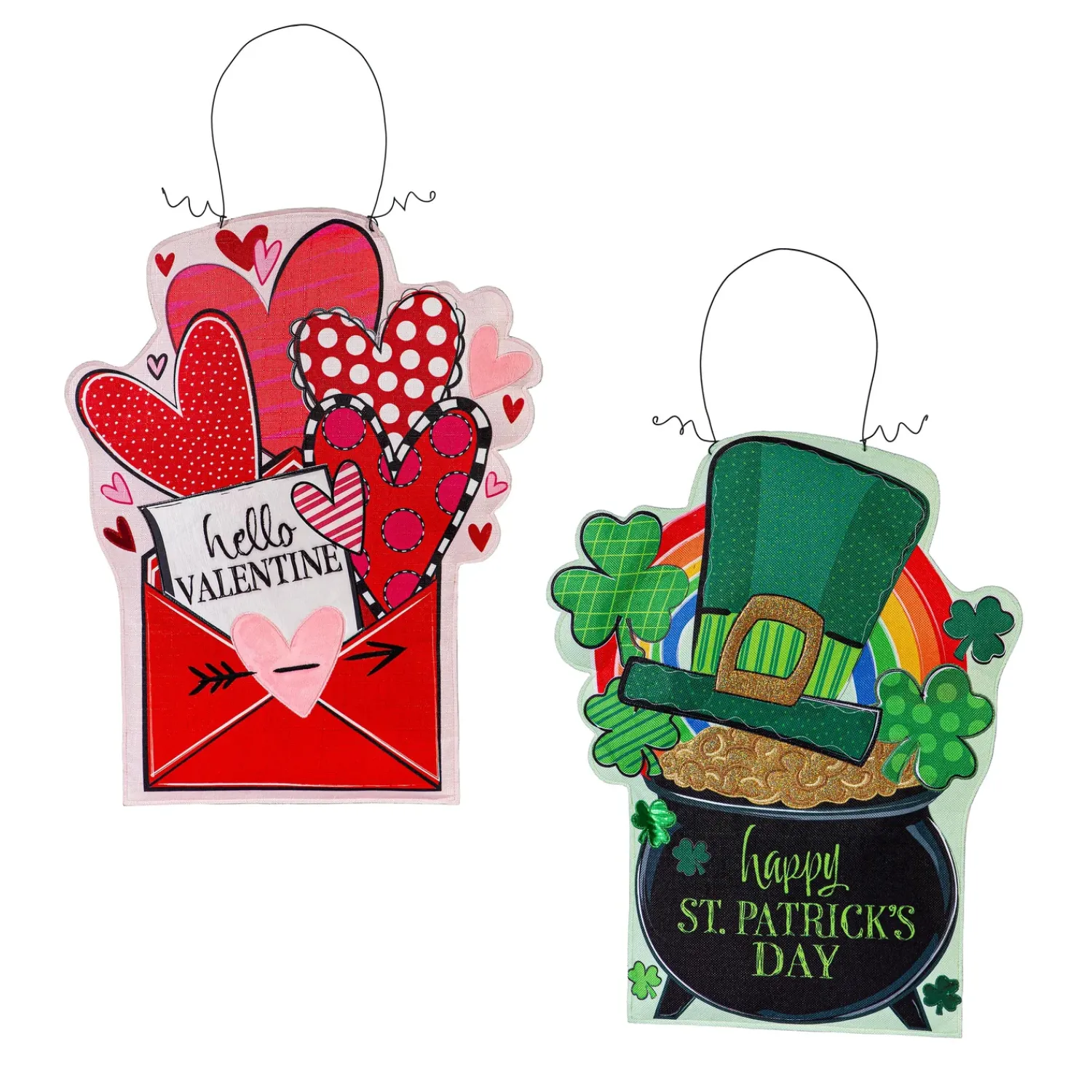 Plow & Hearth Fabric Door Hangers>Sending Love Valentine's Day / End of the Rainbow Double Sided Estate Door Décor