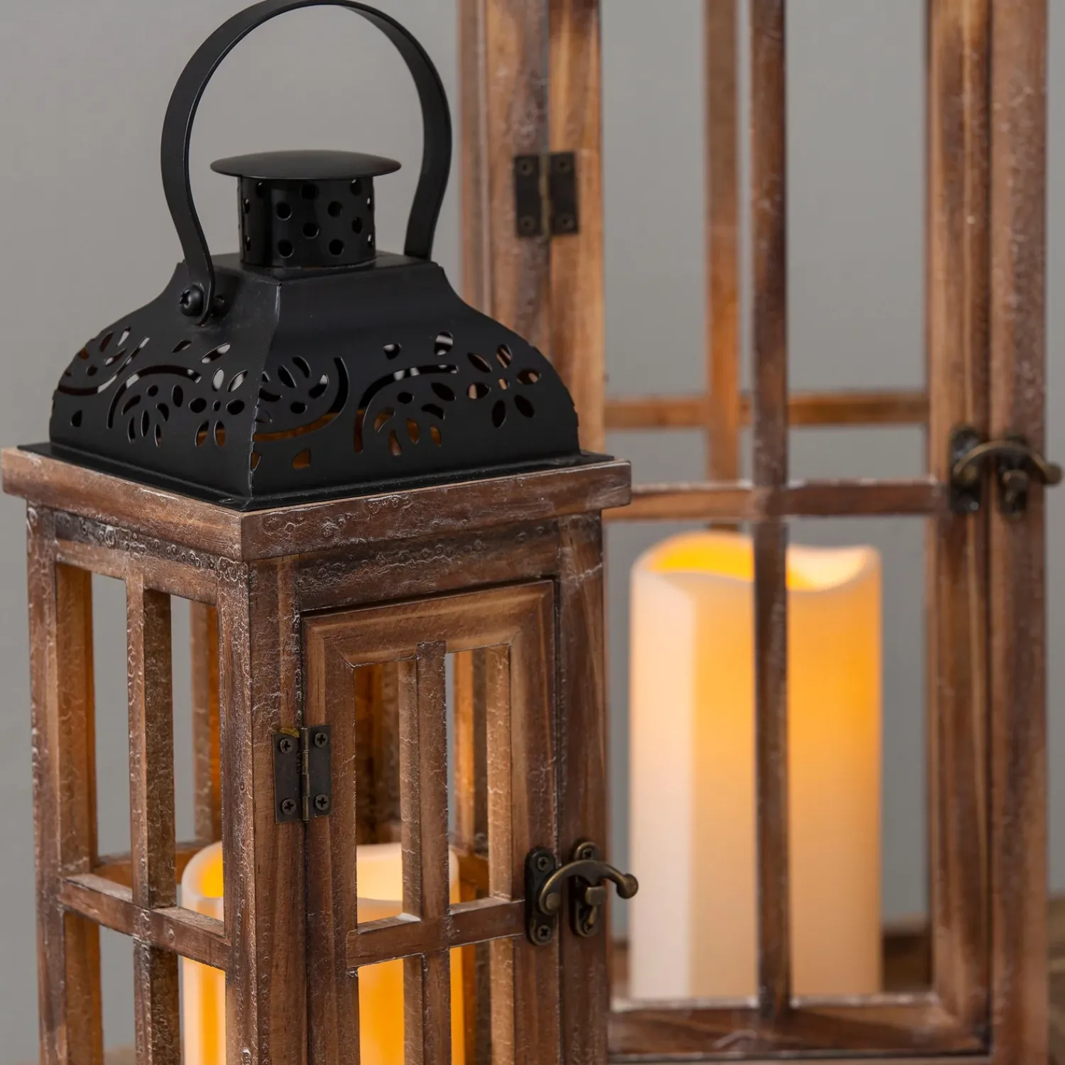 Plow & Hearth Candles & Lanterns>Set of 3 Nested Wood and Metal Lanterns w LED Candle