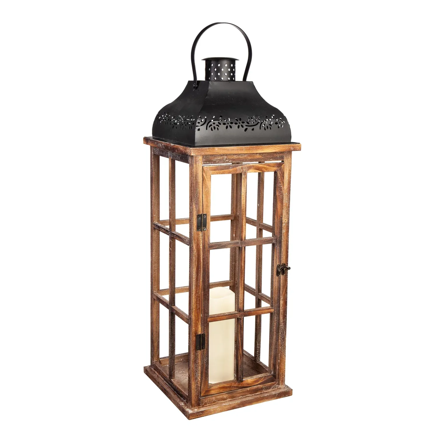 Plow & Hearth Candles & Lanterns>Set of 3 Nested Wood and Metal Lanterns w LED Candle