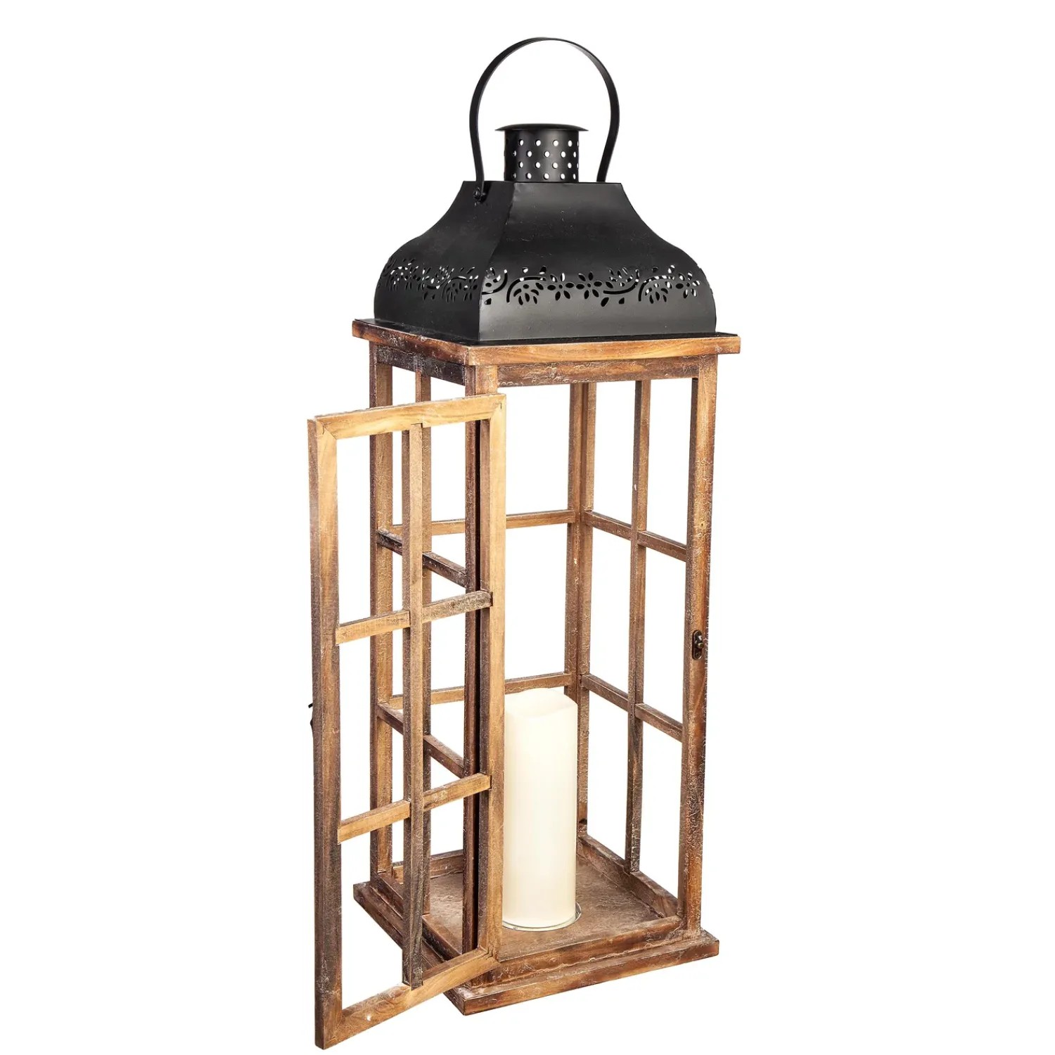Plow & Hearth Candles & Lanterns>Set of 3 Nested Wood and Metal Lanterns w LED Candle