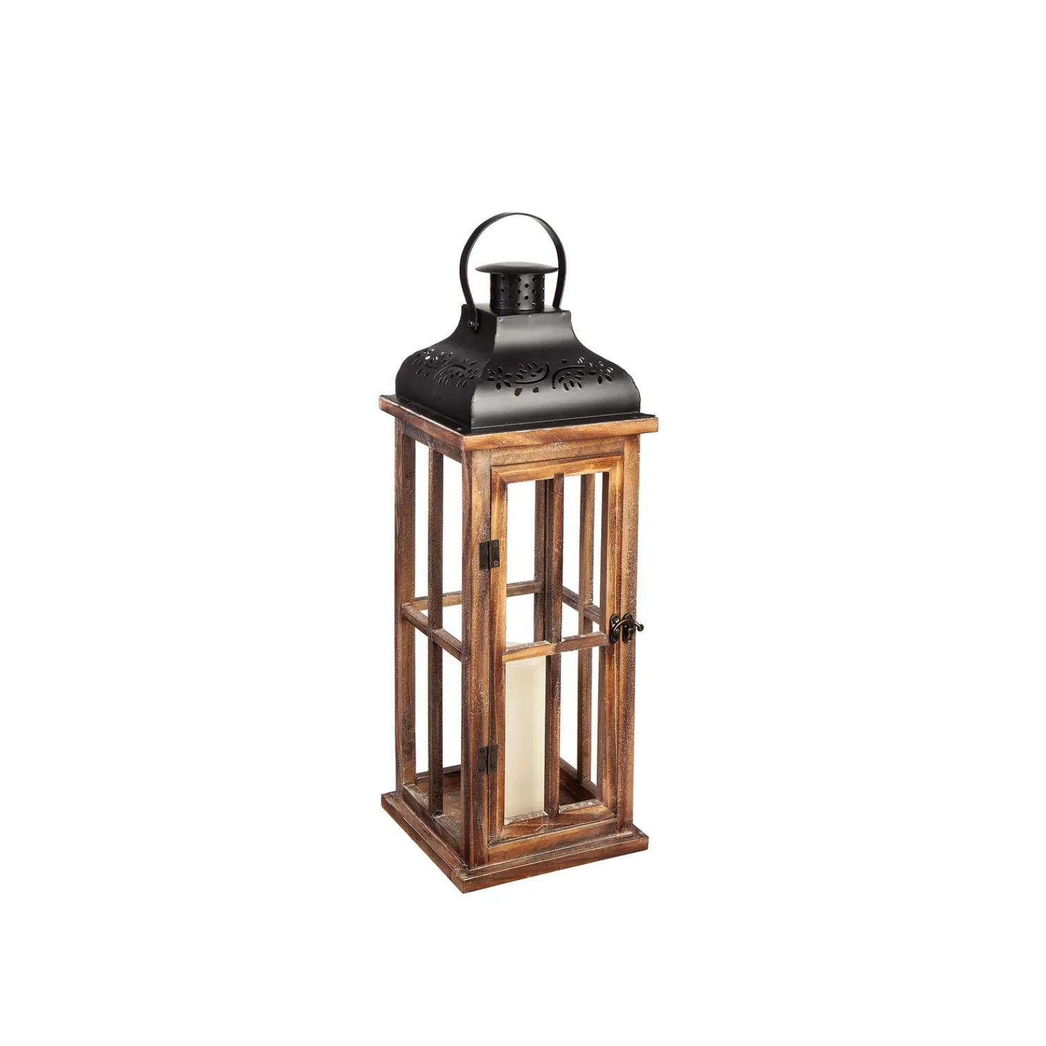 Plow & Hearth Candles & Lanterns>Set of 3 Nested Wood and Metal Lanterns w LED Candle
