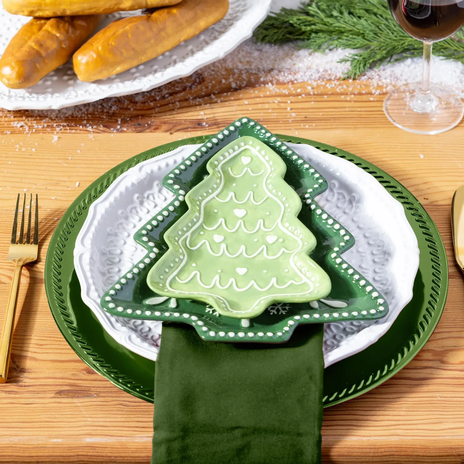 Plow & Hearth Plates & Platters>Shades of Green Plate Tree Shaped Embossed Ceramic Appetizer Plate, 8.25"