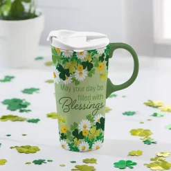Plow & Hearth Travel Cups>Shamrock Blessings Ceramic Perfect Cup, 17oz, Gift Box