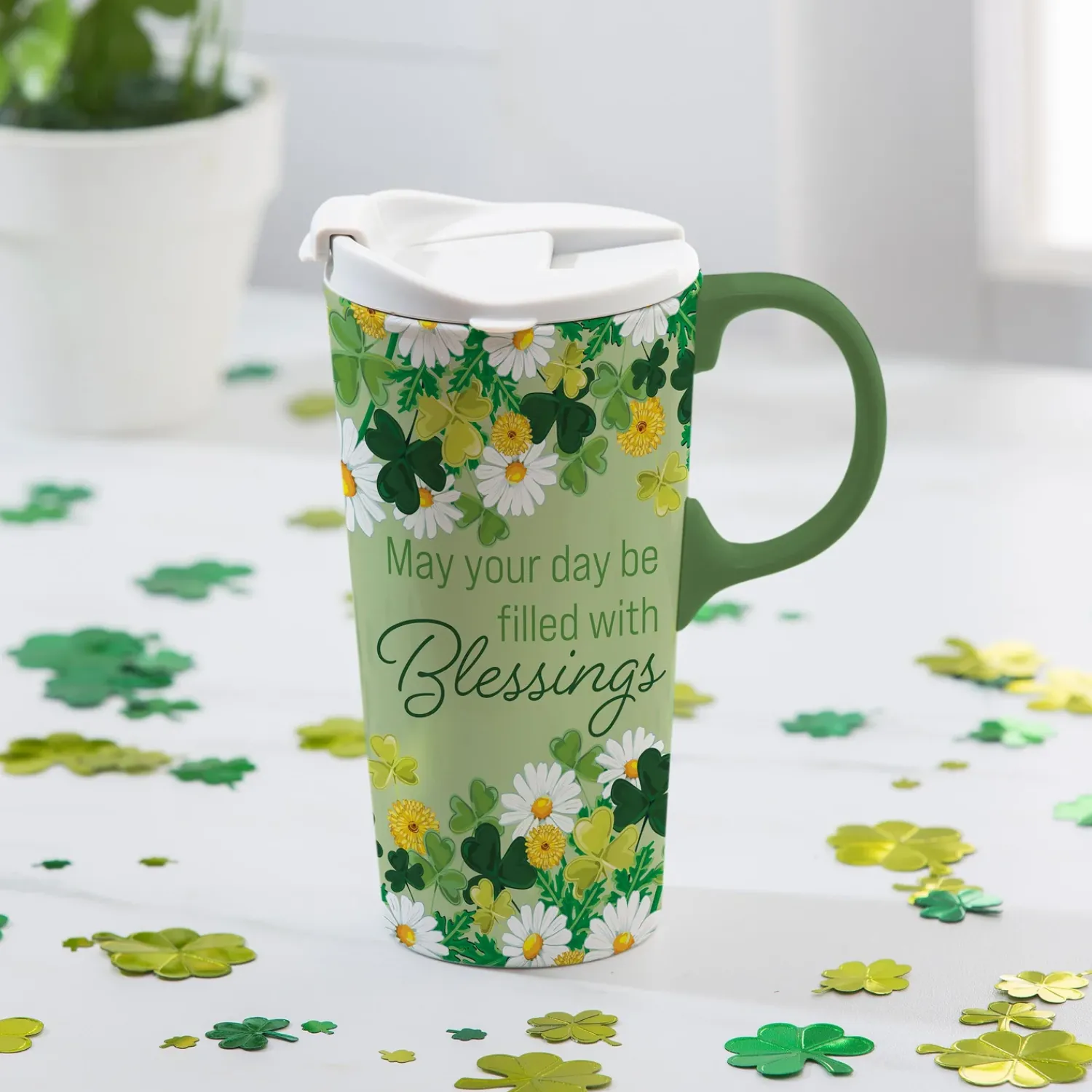 Plow & Hearth Travel Cups>Shamrock Blessings Ceramic Perfect Cup, 17oz, Gift Box