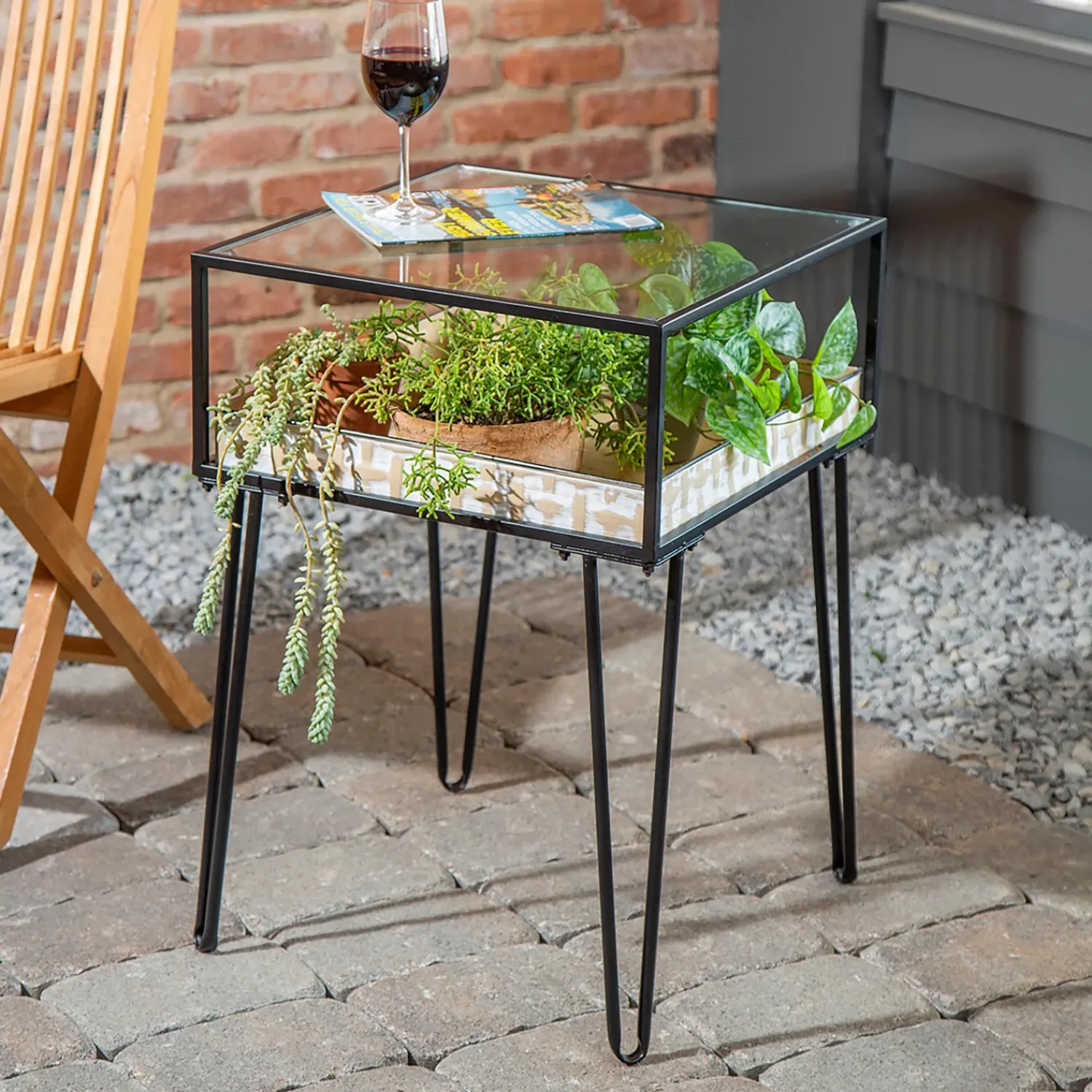 Plow & Hearth Accent Tables>Side Table with Glass Top and Golden Planter Tray