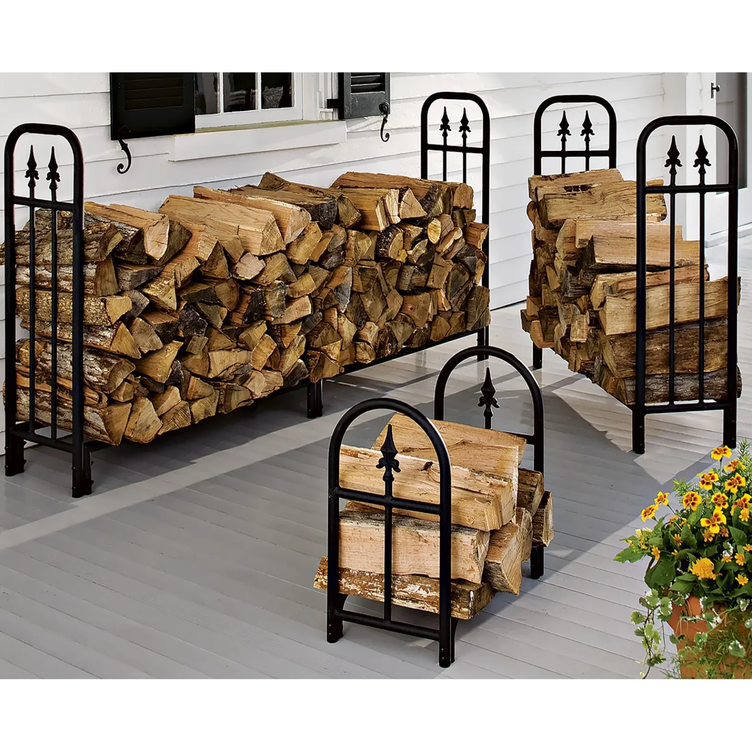 Plow & Hearth Outdoor Clean Up|Wood Storage & Wood Racks>Small Heavy Duty Steel Wood Rack with Finial Design