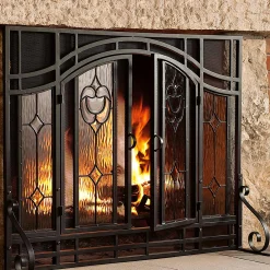 Plow & Hearth Fireplace Screens With Doors>Small Two-Door Fireplace Screen with Glass Floral Panels Black