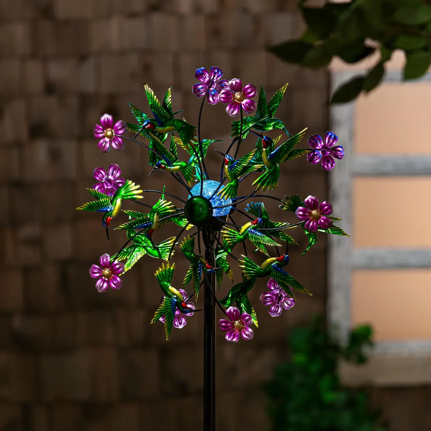 Plow & Hearth Wind Spinners>Solar Metal Wind Spinner, Green Hummingbird & Flowers, 74"H