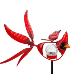 Plow & Hearth Wind Spinners|Garden Stakes>Solar Songbird Metal Wind Spinner with Glass Orb, Cardinal