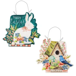 Plow & Hearth Fabric Door Hangers>Spring Birdhouse Welcome/Easter Bunny with Floral Double Sided Estate Door Décor