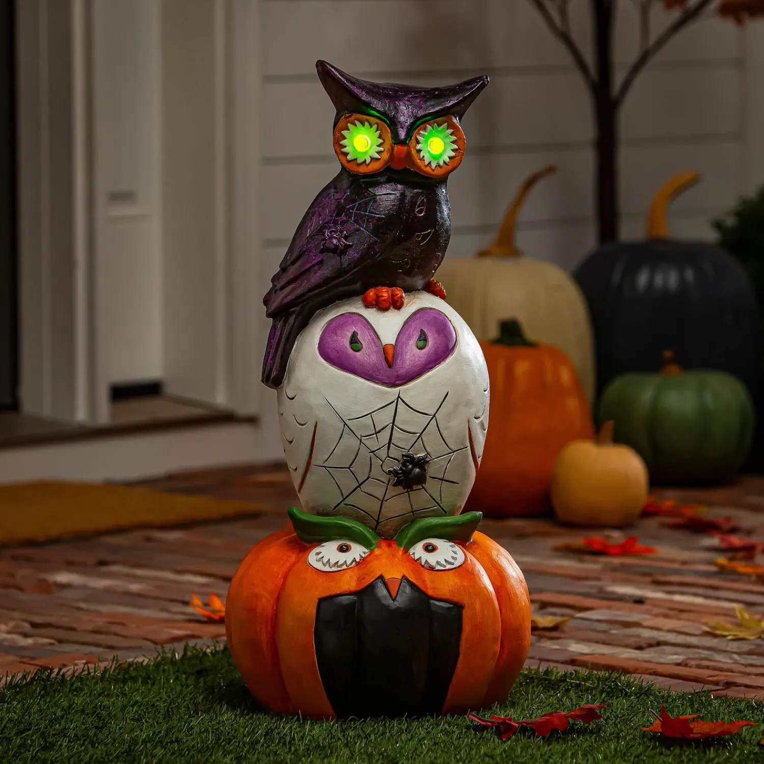 Plow & Hearth Garden Statues>Stacked Owl and Jack O'Lantern Pumpkin LED Statue, 24"H