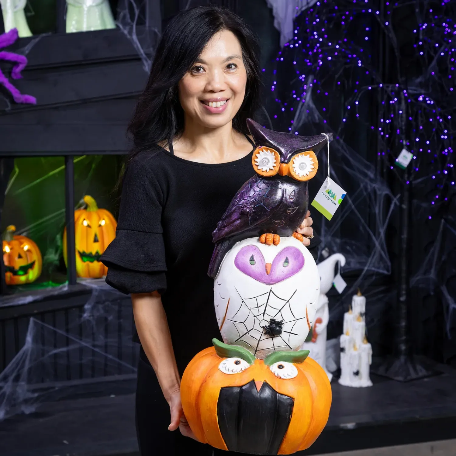 Plow & Hearth Garden Statues>Stacked Owl and Jack O'Lantern Pumpkin LED Statue, 24"H