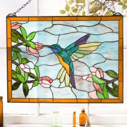 Plow & Hearth Wall Art>Stained Glass Hummingbird Art Panel with Metal Frame and Chain