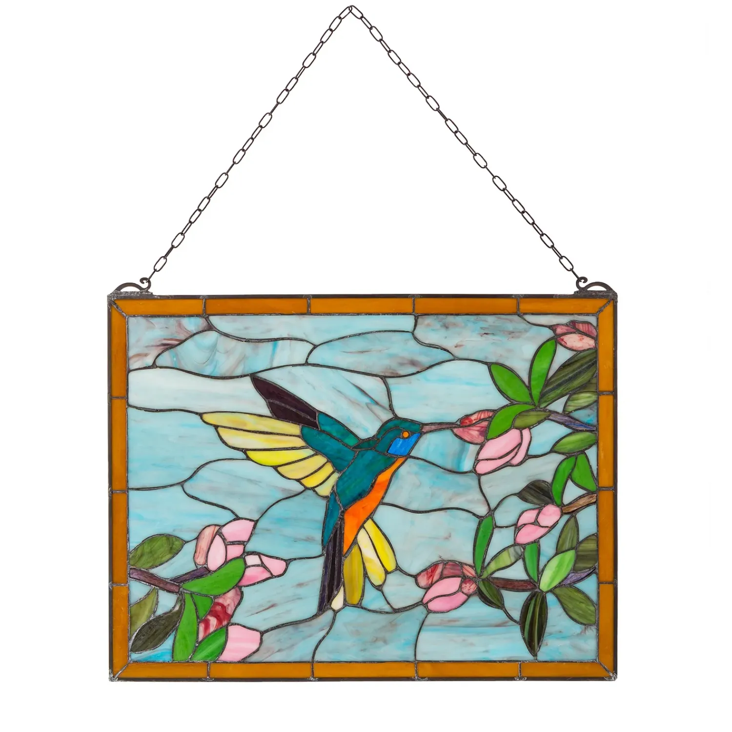 Plow & Hearth Wall Art>Stained Glass Hummingbird Art Panel with Metal Frame and Chain