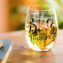 Plow & Hearth Wine Glasses>Stemless Wine Glass w/box, It's not drinking alone if your dog is home
