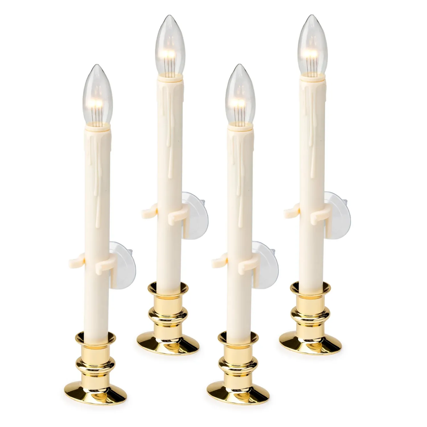 Plow & Hearth Candles & Lanterns|Lighted Accents>Suction Cup Window Candles with Timer and Remote, Set of 4 Brass