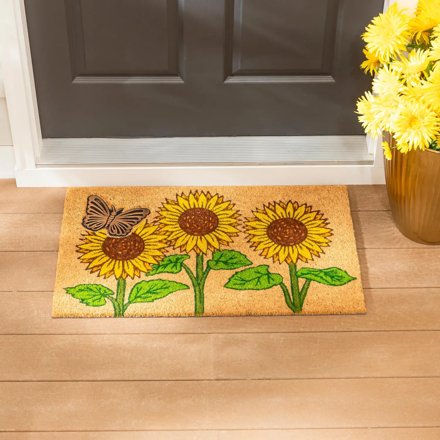 Plow & Hearth Coir Mats>Sunflower Field Coir Mat with Rubber Embossed Butterfly