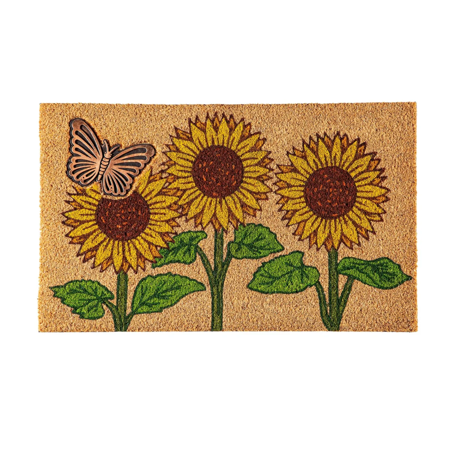 Plow & Hearth Coir Mats>Sunflower Field Coir Mat with Rubber Embossed Butterfly