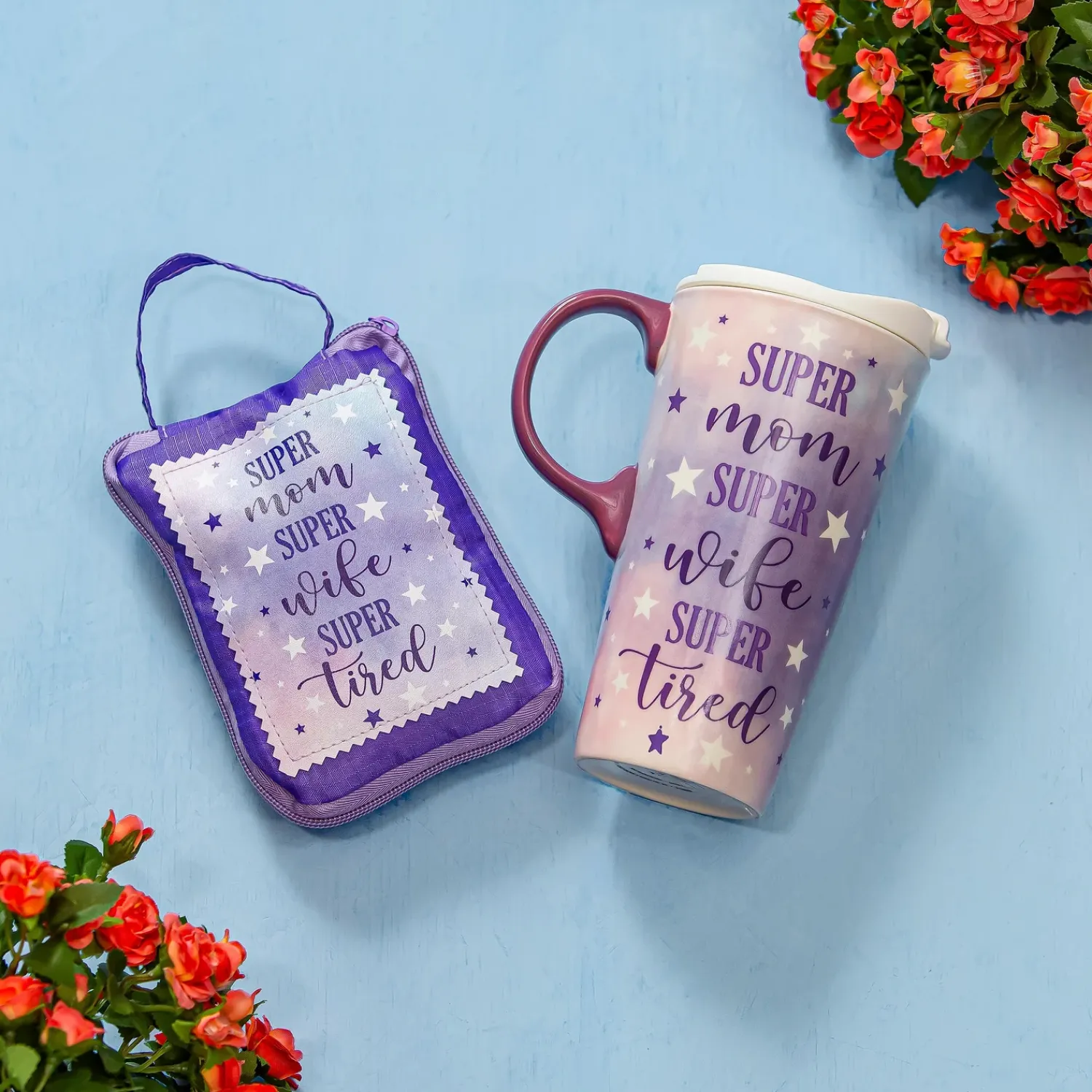 Plow & Hearth Travel Cups>Super Mom Super Wife Super Tired Ceramic Perfect Cup and Compact Tote Giftset, 17oz, Gift Box