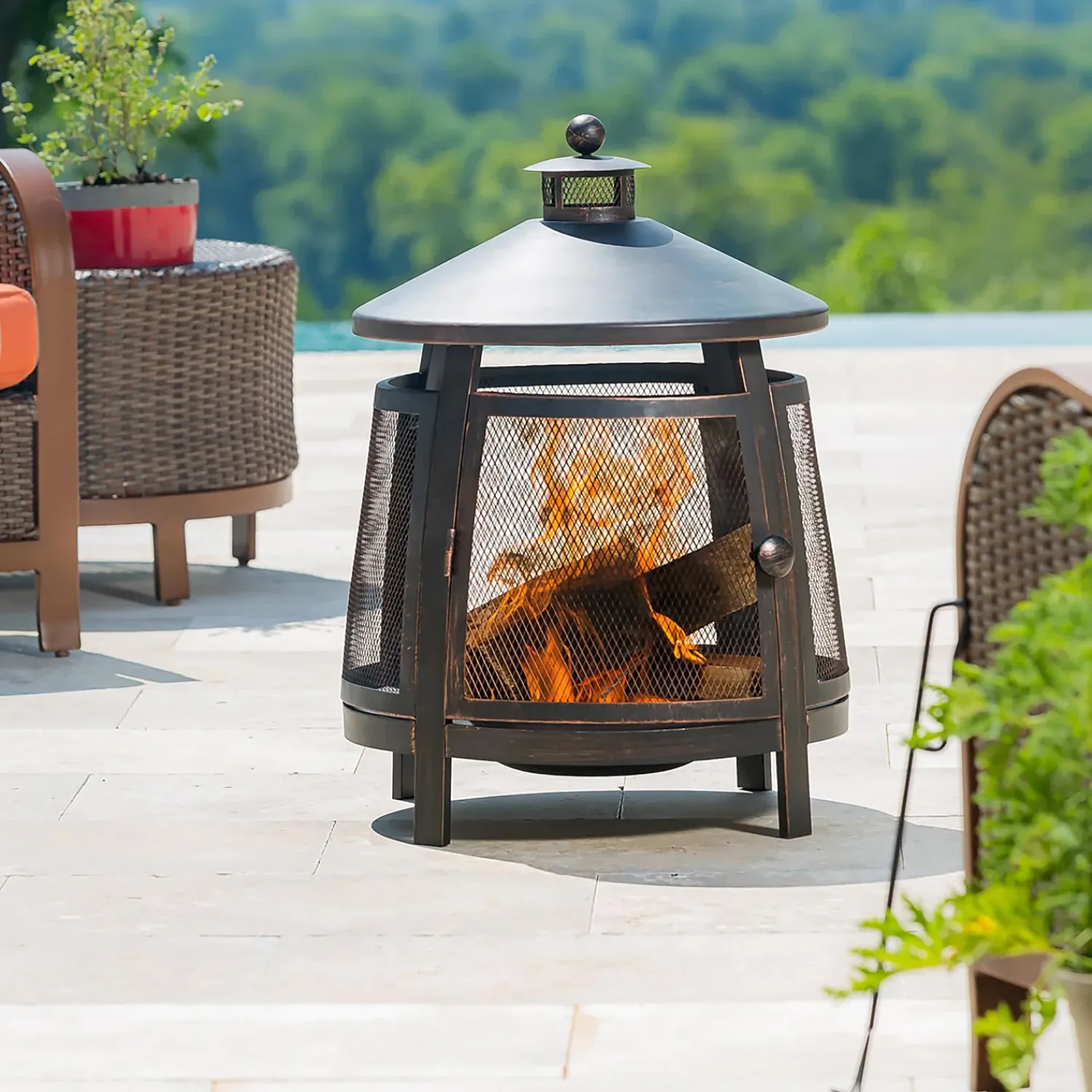 Plow & Hearth Fire Pits|Fire Pits>Tall Bronze Firepit with Chimney