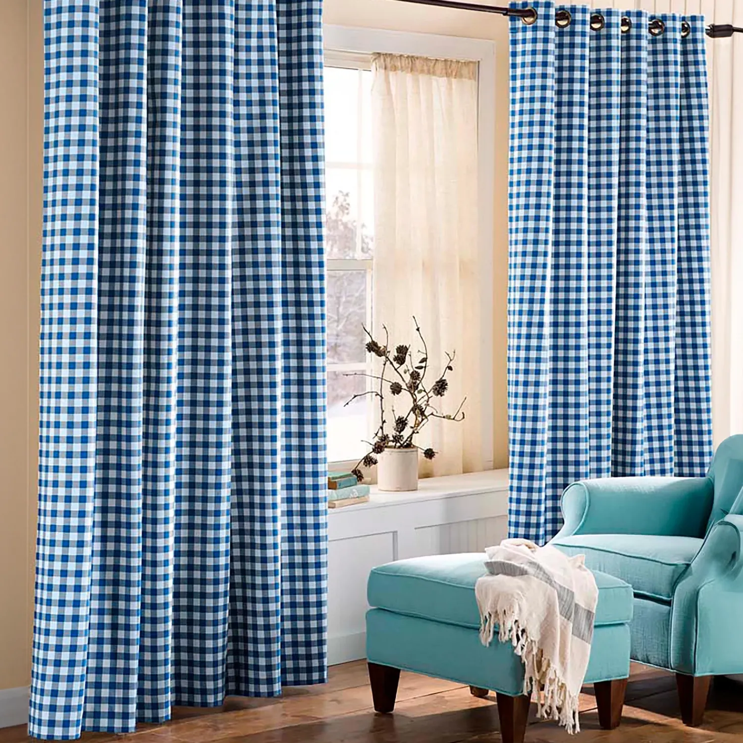 Plow & Hearth Curtain Panels|Insulated Curtains>Thermalogic™ Check Grommet-Top Curtain Pair, 84"L Blue