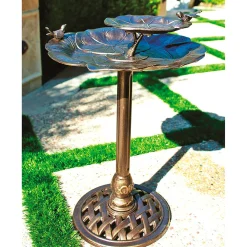 Plow & Hearth Birdbaths>Tiered Lily Pad Metal Birdbath Brass