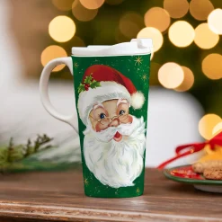 Plow & Hearth Travel Cups>Traditional Santa Travel Cup Ceramic Perfect Cup, Jolly Santa, 17oz, Gift Box