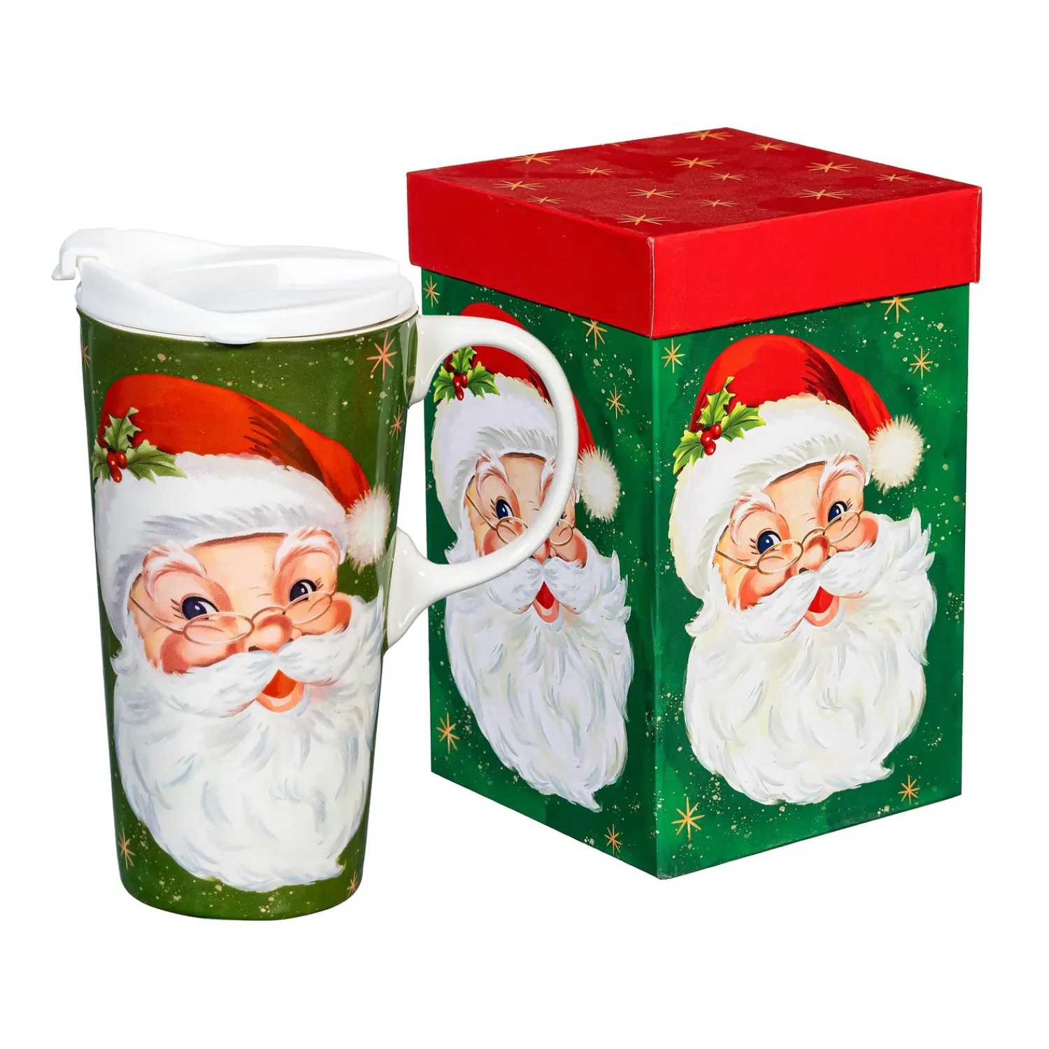 Plow & Hearth Travel Cups>Traditional Santa Travel Cup Ceramic Perfect Cup, Jolly Santa, 17oz, Gift Box