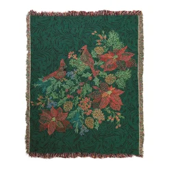 Plow & Hearth Throws & Blankets>USA-Made Embroidered Cardinals and Poinsettias Cotton Tapestry Throw