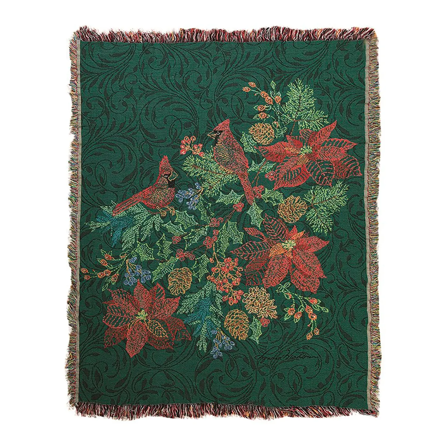 Plow & Hearth Throws & Blankets>USA-Made Embroidered Cardinals and Poinsettias Cotton Tapestry Throw