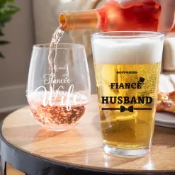 Plow & Hearth Wine Glasses>Wedding Stemless Glass and Beer Pint Giftset, 17oz and 16oz, Gift Box