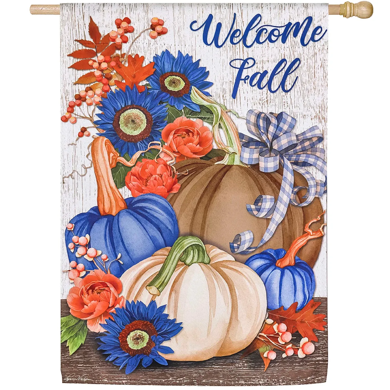 Plow & Hearth House & Estate Flags>Welcome Fall Pumpkin and Floral Suede House Flag