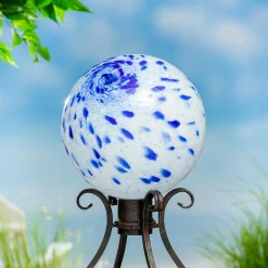 Plow & Hearth Gazing Balls>White & Blue Spotted Glass Gazing Ball, 10"