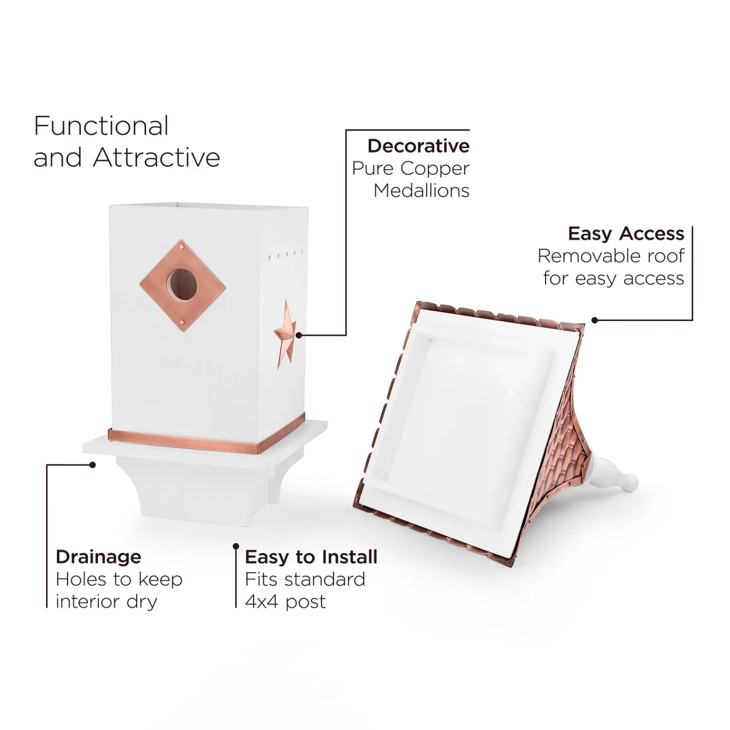 Plow & Hearth Birdhouses>White Villa-Style Birdhouse with Hand-Hammered Copper Roof and Accents