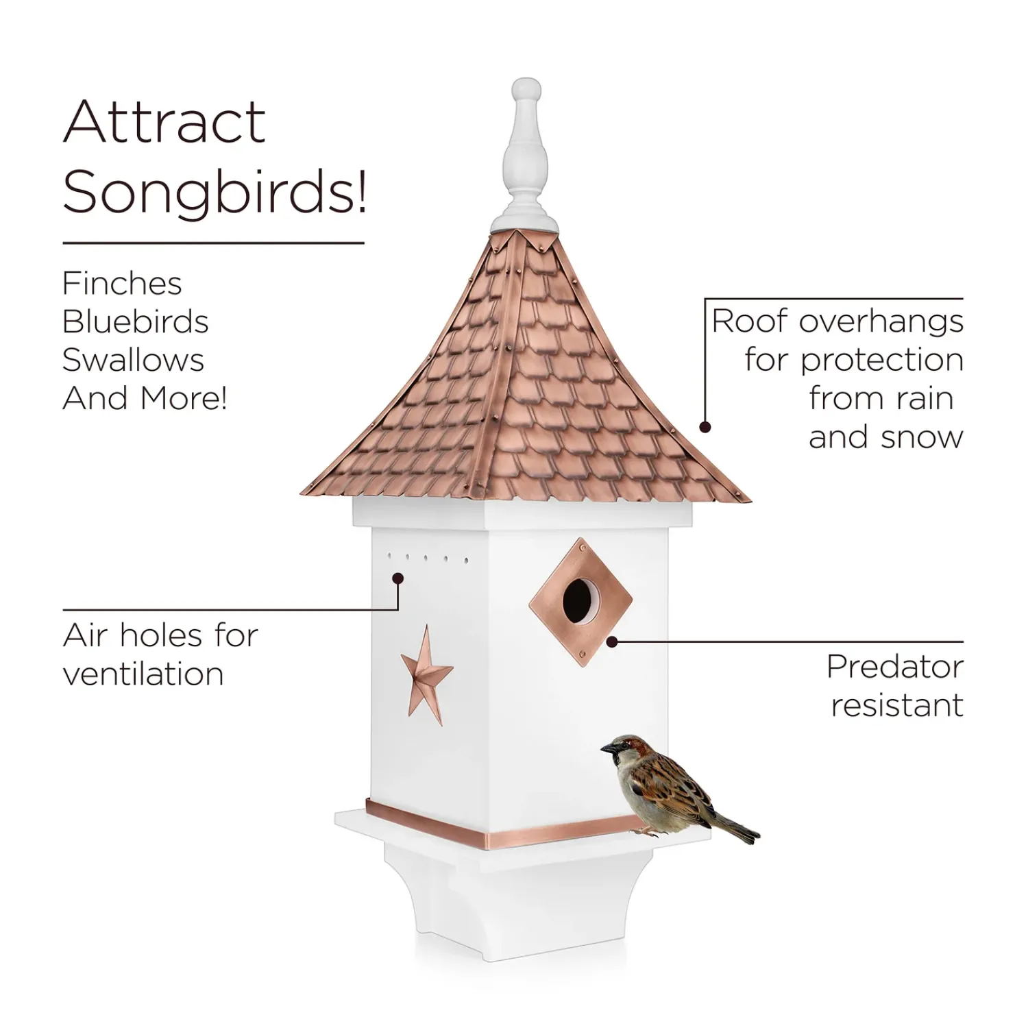 Plow & Hearth Birdhouses>White Villa-Style Birdhouse with Hand-Hammered Copper Roof and Accents