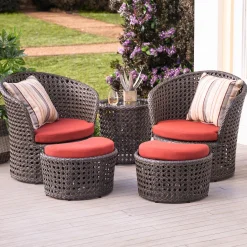 Plow & Hearth Outdoor Seating Sets>Wicker Conversation Set with Ottomans and Sunbrella Cushions, 5-Piece Set