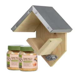 Plow & Hearth Bird Feeders>Wooden Cafe Peanut Butter Bird Feeder with 2 Jars of Peanut Butter