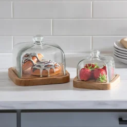 Plow & Hearth Serveware>Wooden Servers with Glass Domes, Set of 2