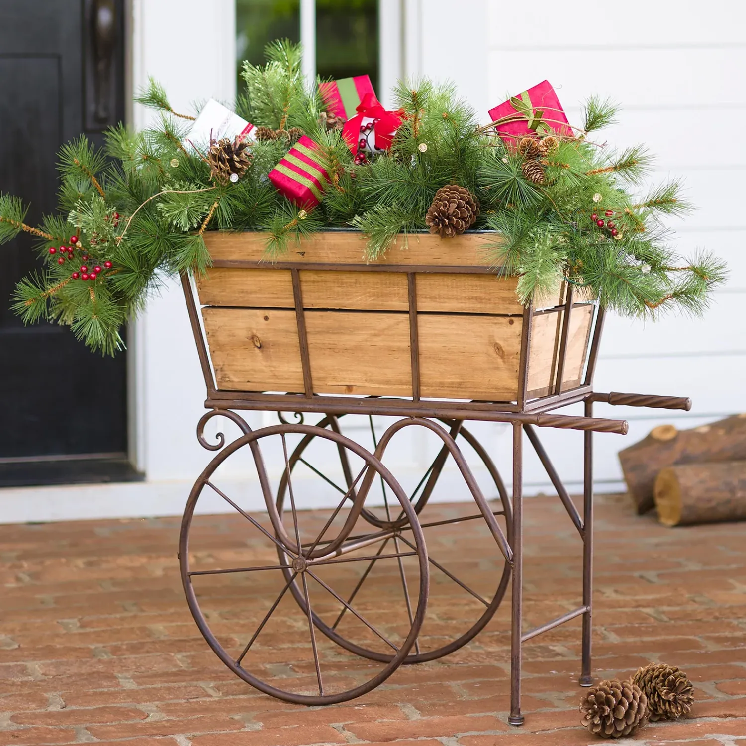Plow & Hearth Planters & Plant Stands>Wooden Wagon Planter/Drink Holder with Wheels