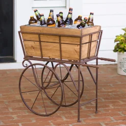 Plow & Hearth Planters & Plant Stands>Wooden Wagon Planter/Drink Holder with Wheels