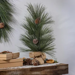 Plow & Hearth Faux Flowers & Plants|Lighted Trees & Garlands>Woodland Storybook Faux Floral Table Decor Shimmering Long Need Pinecone Tree with Burlap Base, 24"