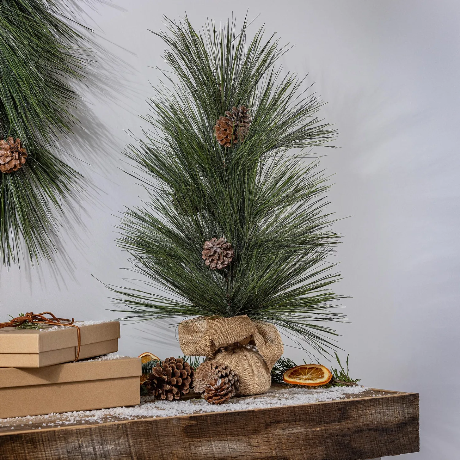 Plow & Hearth Faux Flowers & Plants|Lighted Trees & Garlands>Woodland Storybook Faux Floral Table Decor Shimmering Long Need Pinecone Tree with Burlap Base, 24"
